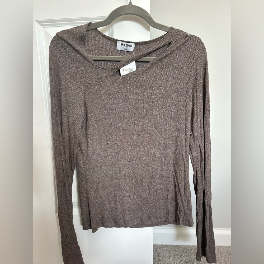 LNA Clothing Heatherbrown cutout lightweight ribbed long sleeve top, Large